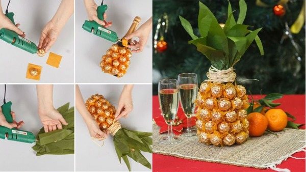 DIY ananas karkkeista ja samppanjasta: miten tehdä pullo askel askeleelta. Mestarikurssi aloittelijoille