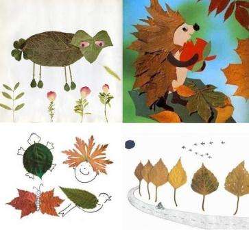 Ud over enkle applikationer fra efterårsblade skal du bruge forberedte naturmaterialer, albumark og lim. Spørg dine børn, hvordan bladene ser ud, og bed dem derefter om at tegne et billede færdigt på arket og udfylde det med emner.