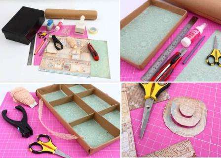 Dette er en af de enkle mesterklasser, der hjælper dig med at mestre det grundlæggende i scrapbooking. Du skal bruge scrapbookingpapir eller almindeligt tapet, saks, en lineal, en papkasse, lim, en hulning, dobbeltsidet tape, farvet papir.