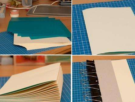 Tag cirka 13 farvede ark og fold dem på midten. Du kan skifte mellem beige og blå plader, alt afhænger af din fantasi. Du skal forberede 10 sådanne emner. Som følge heraf vil din notesbog være i A5 -format med 130 sider.