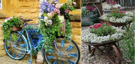 pomocou bicykla a fúrikov zorganizovať kvetinovú záhradu