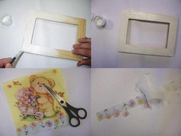 Stadier af arbejdet med at dekorere en fotoramme: