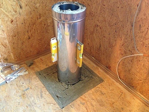 Billedet viser installationen af ​​en skorsten i rustfrit stål