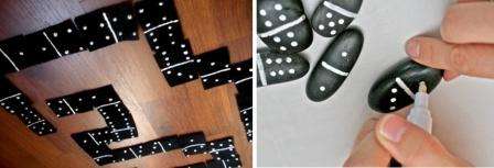For at lave dominoer har du brug for 28 chips. Du kan selv vælge materialet til dem. Det er mest praktisk at bruge identiske småsten, som billedet påføres i form af prikker.