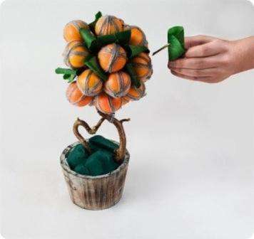 Teraz musíte „improvizovanú korunu ich mandarínok“ pripevniť k „kufru“ topiary