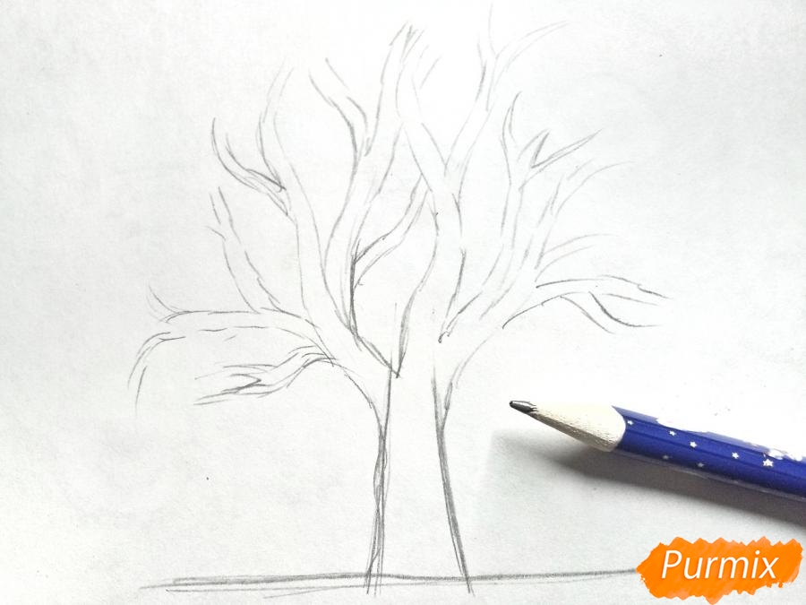 Sådan tegnes et vintertræ med blyanter - trin 2