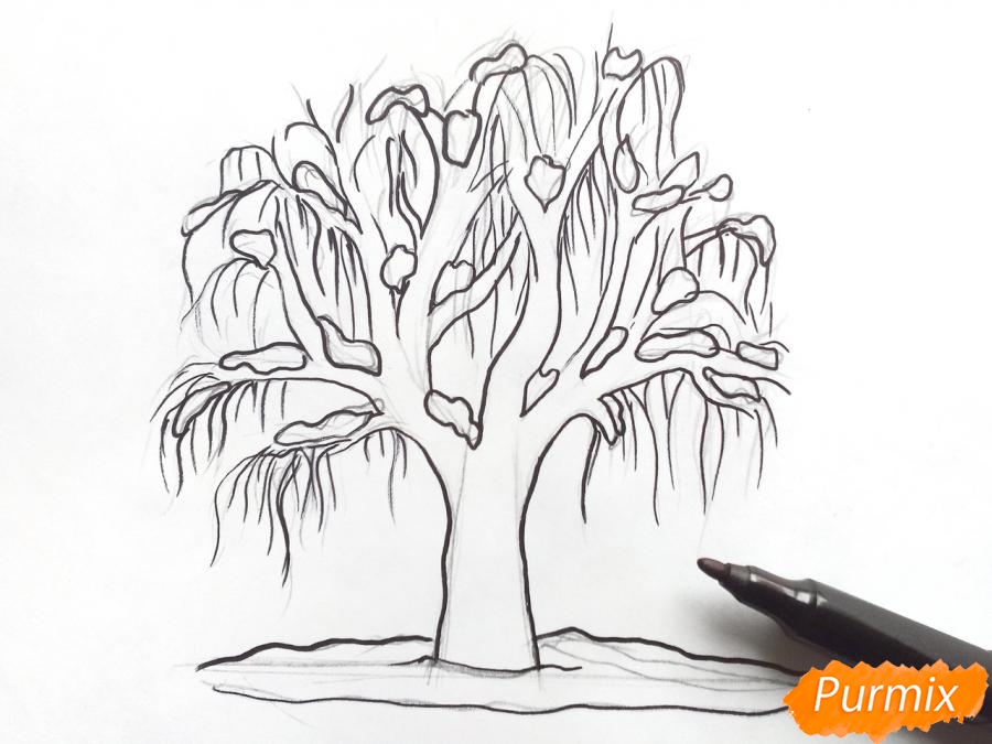 Sådan tegnes et vintertræ med blyanter - trin 5