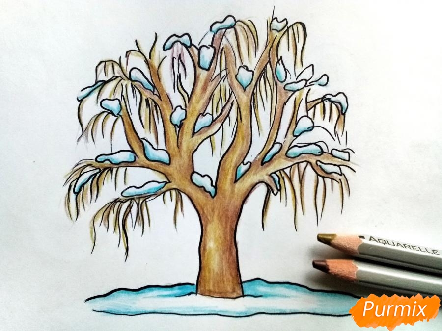 Sådan tegnes et vintertræ med blyanter - trin 7