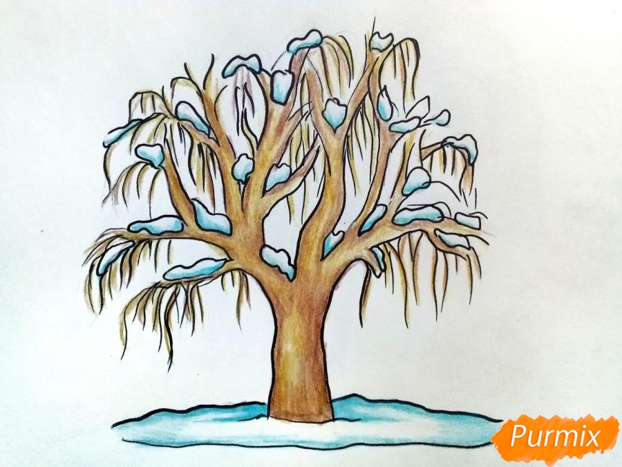 Sådan tegnes et vintertræ med blyanter - trin 8