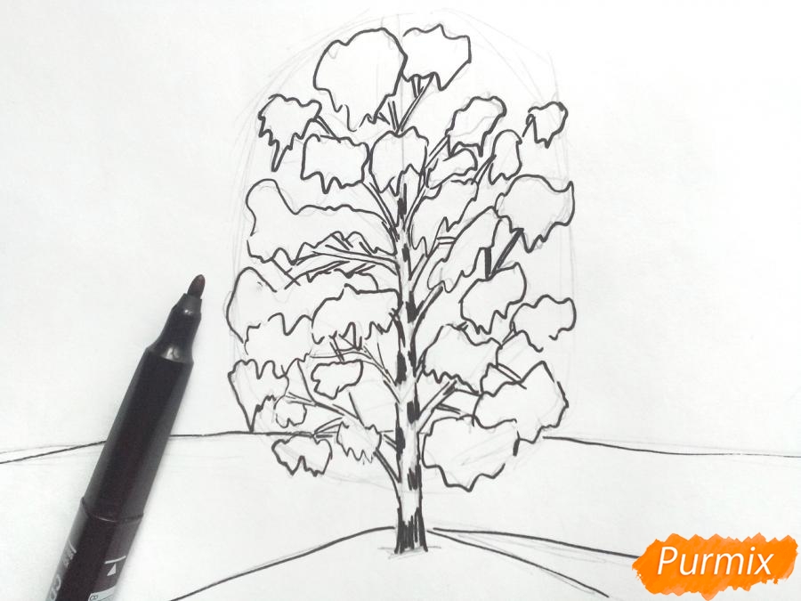 Ako nakresliť brezu na snehu v zime - krok 4