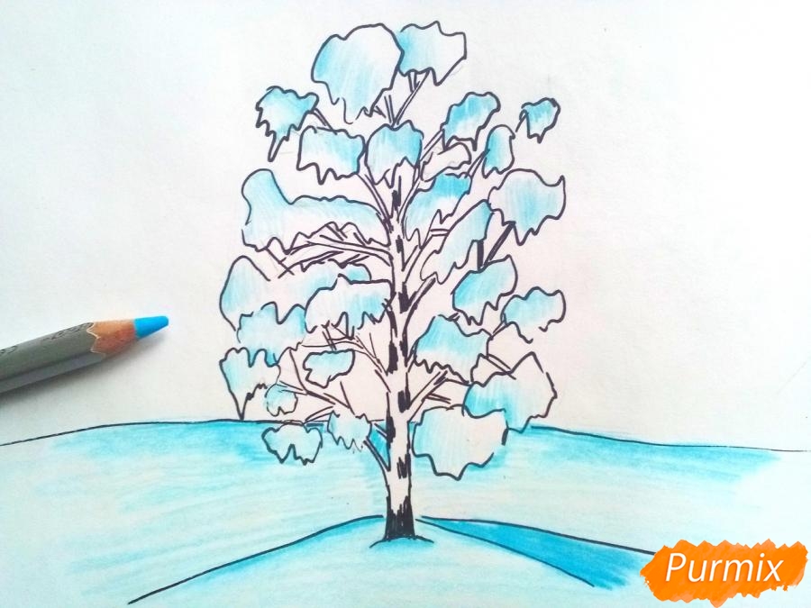 Ako nakresliť brezu na snehu v zime - krok 5