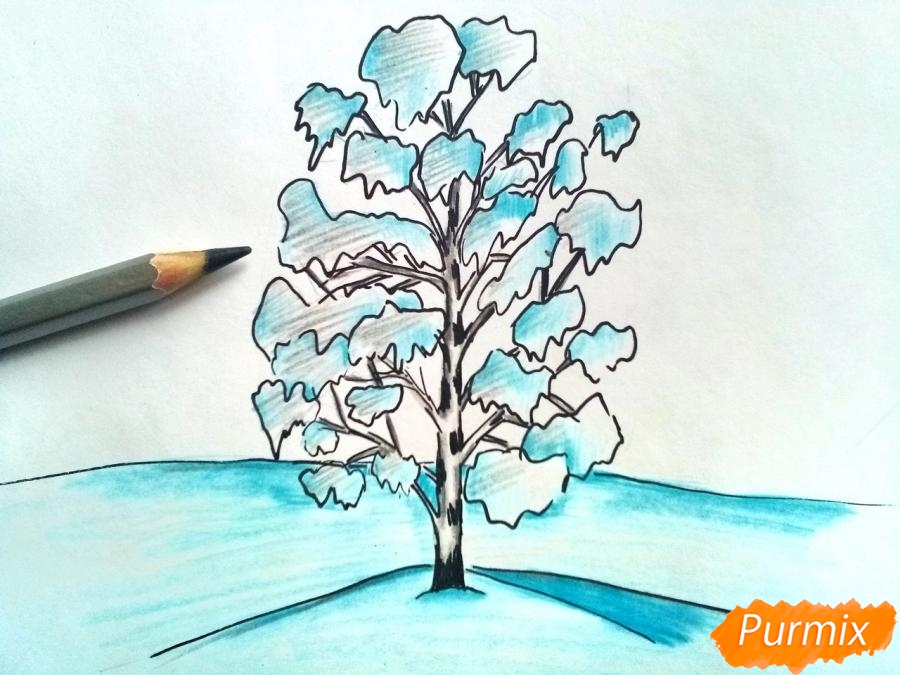 Ako nakresliť brezu na snehu v zime - krok 6