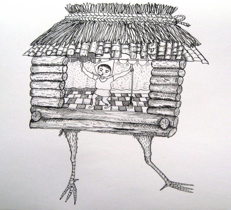 كيفية رسم كوخ بقلم رصاص خطوة بخطوة: فصل دراسي رئيسي سهل لرسم كوخ من الداخل ، من الداخل ، في الغابة وعلى أرجل الدجاج