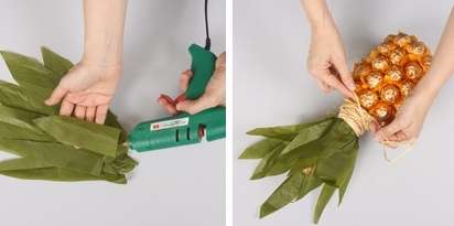 Potom vezmite zelený papier a nakrájajte z neho listy ananásu. Papier je vhodné poskladať do niekoľkých vrstiev, aby sa neroztrhol.