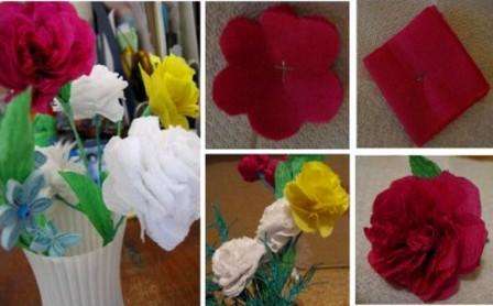 Efter det samme princip, men fra servietter i en anden farve, kan du lave en buket pæoner eller roser.