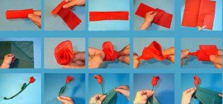 Rose er en yndlingsblomst hos mange piger og kvinder. At lave det ud af en almindelig serviet er ganske enkelt, og hvis du bruger farvede servietter, vil håndværket mere ligne et ægte.