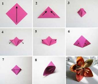 Μια άλλη επιλογή είναι να φτιάξετε ξεχωριστές μονάδες σύμφωνα με το σχέδιο για ένα λουλούδι με κουσούδες. Για να γίνει αυτό, πρέπει επίσης να διπλώσετε το τετράγωνο αρκετές φορές.