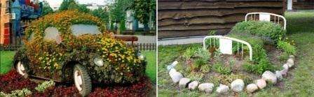 Moderne gartnere bruger gamle ting og genstande i landet for at lave originale blomsterbed. Du kan lave en blomsterhave af en ødelagt bil, båd, gammel vogn eller komme med din egen idé.