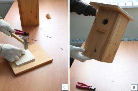 Fuglehusets samlingsproces består af følgende trin: Ved hjælp af skruer er fuglhusets forvæg fastgjort. Bagvæggen og bunden er fastgjort på samme måde.