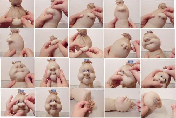 Sinun on muotoiltava nuken kasvot käyttämällä pieniä pehmustettuja polyesteripalloja. Aloita nenästä ja käsittele sitten poskia ja huulia. Kaikki pehmeät elementit on kiinnitetty kierteellä, jolloin voit korostaa ilmeitä ja korostaa pieniä yksityiskohtia. Silmille osta erityinen aihio rautakaupasta. Jälkeen