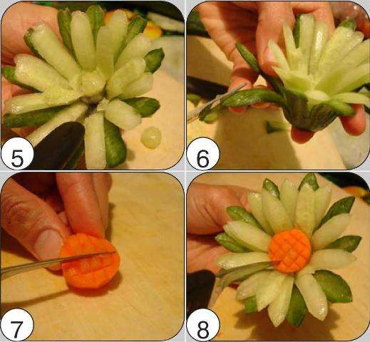 Το τελειωμένο κρίνο μπορεί να τοποθετηθεί σε ένα σουβλάκι. Ένα αγγούρι μπορεί να φτιάξει μια ολόκληρη δέσμη λουλουδιών.