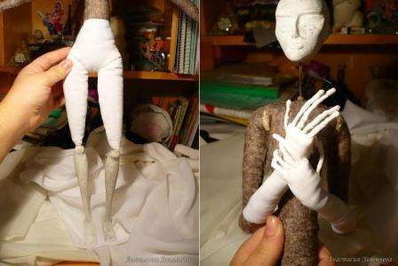 Vezmeme rovnakú tkaninu, pomocou ktorej sme vyrobili dlane bábiky a šijeme z nej boky a mäkké nohy kúskami.