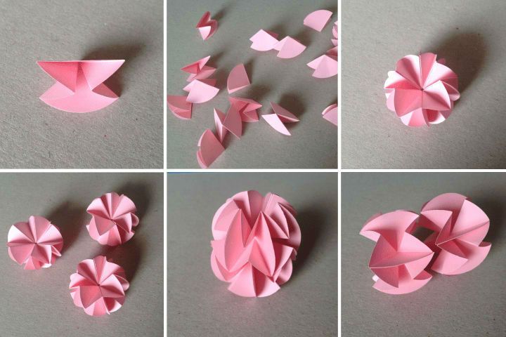 Βήμα-βήμα συναρμολόγηση μιας μπάλας origami της Πρωτοχρονιάς από στρογγυλές ενότητες