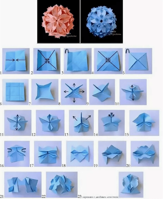 Kusudama fotoeksempler: hvad er det - hvordan man laver en magisk modulær kugle ud af papir med egne hænder, ordninger til samling af origami blomster