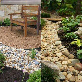 Ak vo vašej záhrade už sú položky z kamenného dekoru, potom je pre suchý potok lepšie použiť rovnaké druhy kameňa.