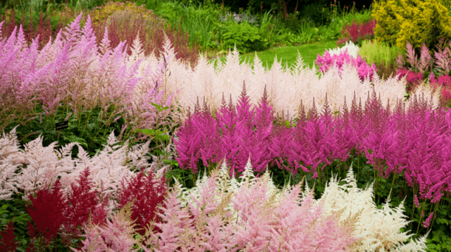 Astilba - skygge -elskende buske med panikulære blomsterstande. Ideel til plantning under træer, i humusrig jord.