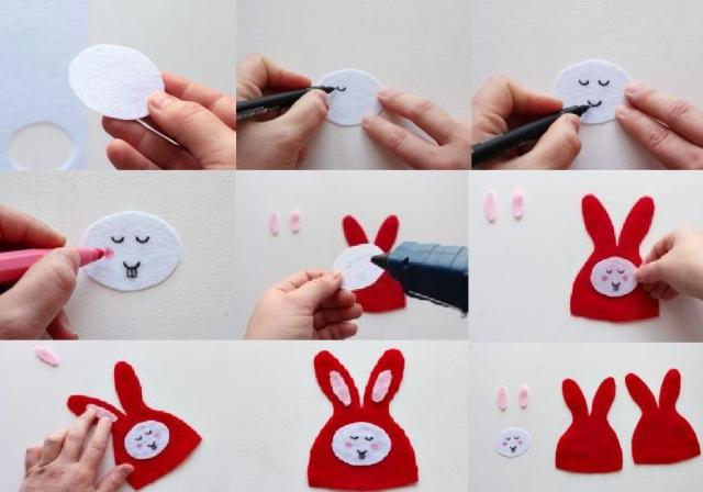 Tegn øjne, mund og kinder på kaninens hvide ansigt med en markør eller akrylmaling.