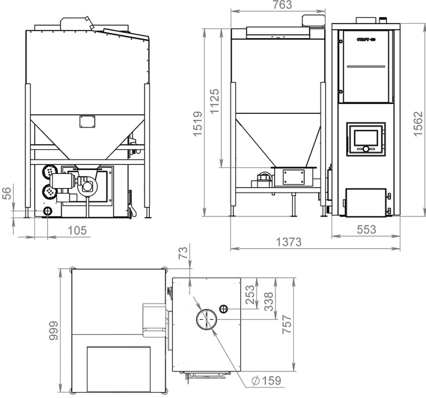 Diagram over en pillefyr med beholder