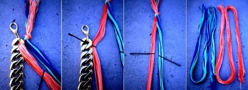 Jaamme eri värin hammaslangan langat kahteen osaan, joissa on sama määrä lankoja