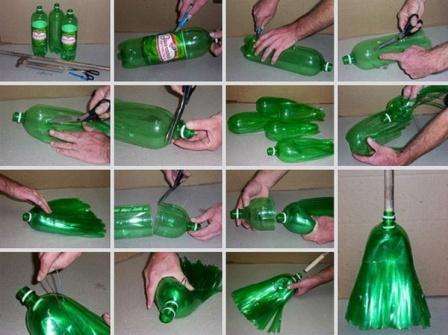 Πρέπει να καθαρίσετε το εξοχικό σας σπίτι, αλλά δεν έχετε σκούπα; Χρησιμοποιήστε ξανά πλαστικά μπουκάλια. Για να γίνει αυτό, ο πυθμένας κάθε φιάλης κόβεται και στη συνέχεια γίνονται μικρές κοπές κατά μήκος. Πρέπει να κάνετε άλλα κενά, σε k