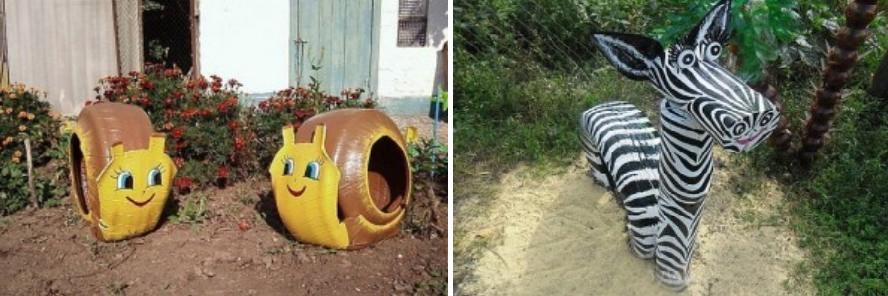 Slimáky a zebra: remeslá z odpadových pneumatík pre záhradu a zeleninovú záhradu