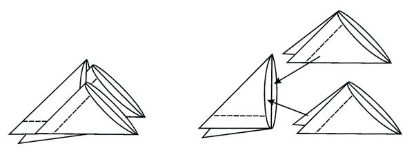 Potom rozložte a preložte tieto rohy na trojuholníky pozdĺž vyznačených čiar.