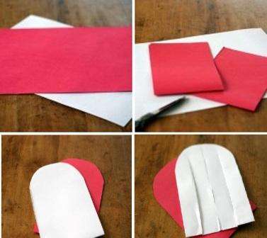 Jos et halua sotkea taittopaperia pitkään, kokeile tehdä kudottu sydän. Tätä varten tarvitset kahden värin väristä paperia. Ota A4 -paperiarkit, taita jokainen puoliksi ja käännä sitten ja taita se uudelleen. Leikkaa pitkiksi, kapeiksi, noin 15 cm leveiksi suorakulmioiksi.