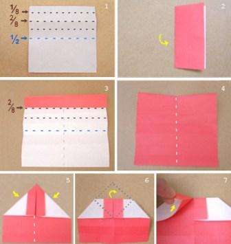 قص مربعًا من الورق الملون باللون الوردي أو الأحمر. قم بطيها إلى نصفين ، ثم افتحها وقسم النصف إلى أربعة شرائح متساوية. يمكن رسمها بقلم رصاص بسيط ، بحيث يكون من السهل في المستقبل طي الورق ، وسيصبح الحرف النهائي مستويًا.