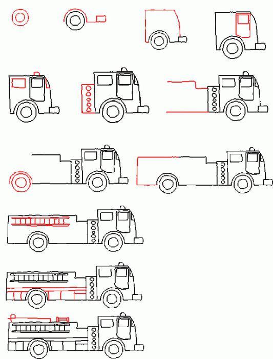 Σχέδιο με μολύβι πυροσβεστικού φορτηγού: πώς να σχεδιάσετε για παιδιά και αρχάριους