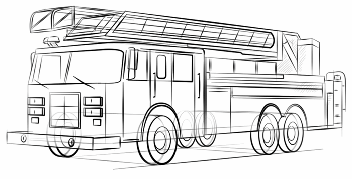 kuinka piirtää paloauto yksinkertaisella lyijykynällä aloittelijoille ja lapsille kuva 1