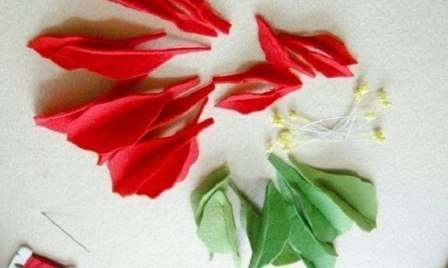 Για να φτιάξετε ένα poinsettia από τον Thomas, θα χρειαστεί να κόψετε 11 μεγάλα κομμάτια και 5 μικρά κομμάτια σε κόκκινο χρώμα, καθώς και περίπου 10 κομμάτια σε πράσινο χρώμα. Μετά από αυτό, πρέπει να εφαρμόσετε κάθε κόκκινη λεπτομέρεια στο πέλμα του σιδήρου, να το διπλώσετε γρήγορα και να δώσετε ένα καμπύλο σχήμα στις άκρες.