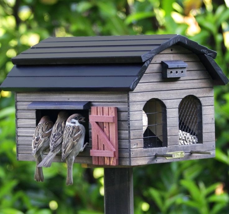Krásne drevené kŕmidlo pre vtáky v podobe domčeka
