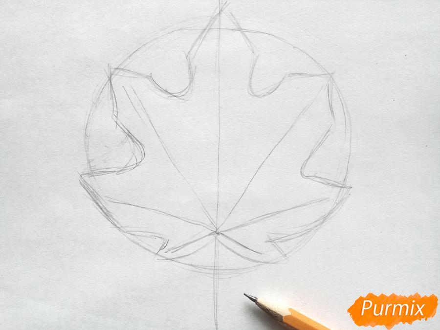 Πώς να σχεδιάσετε ένα φύλλο σφενδάμου με χρωματιστά μολύβια - βήμα 2
