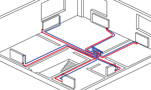 Kaksikerroksinen lämmitysjärjestelmä monikerroksisessa rakennuskaaviossa