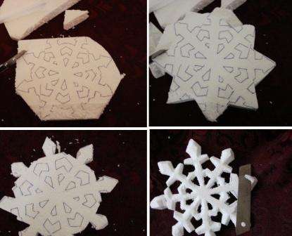 Stiahnite si papierovú šablónu snehovej vločky online alebo si vytvorte vlastný tvar snehovej vločky. Najprv vystrihnite papierovú snehovú vločku. Uistite sa, že sa ukáže, že je to perfektný tvar. Jeho obrys prenesiete do peny.