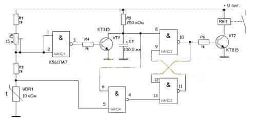 Obvod termostatu s jedným riadiacim parametrom na základe mikroobvodu K561LA7