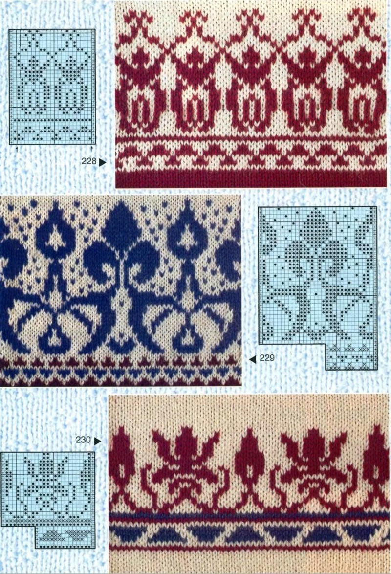 Jacquard strikkeopskrifter med diagrammer og beskrivelser